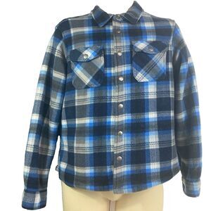 Eddie Bauer Sherpa-Lined Fleece Youth Sz 14/16 Blue Plaid Snap-Up Shacket